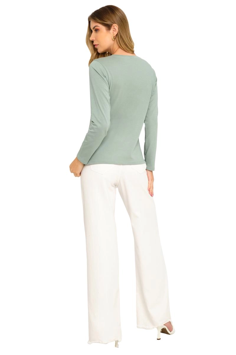 Blusa Aishty Básica Manga Longa Gola V Feminina Verde Claro