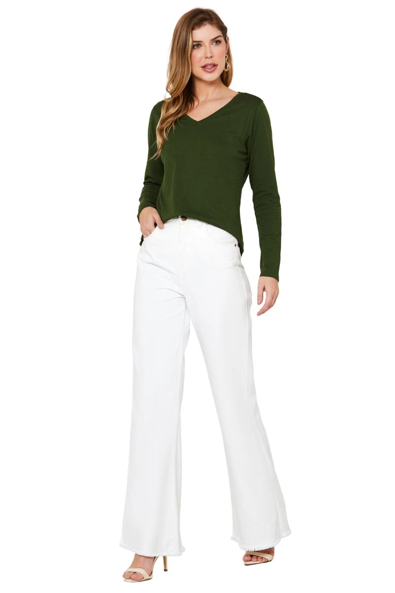 Blusa Aishty Básica Manga Longa Gola V Feminina Verde Escuro