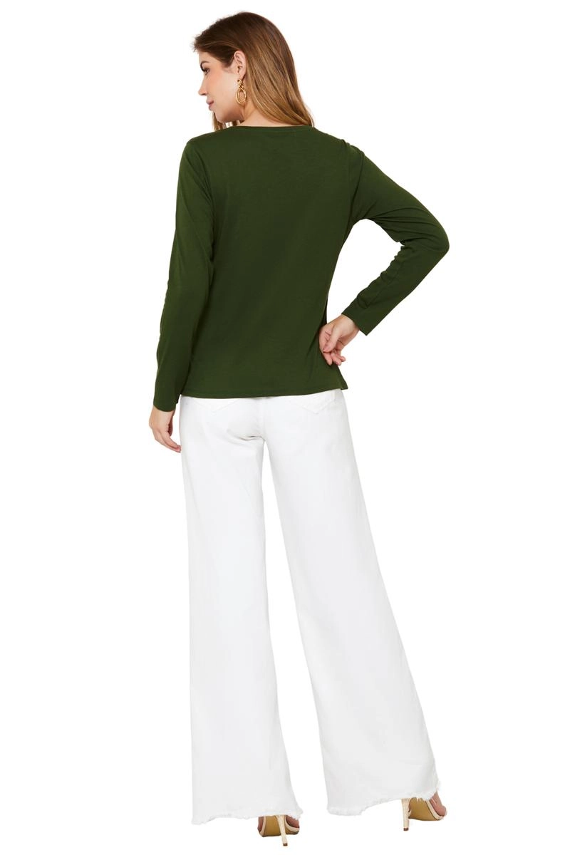 Blusa Aishty Básica Manga Longa Gola V Feminina Verde Escuro