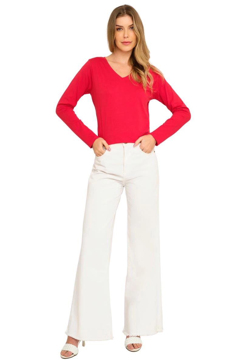 Blusa Aishty Básica Manga Longa Gola V Feminina Vermelha