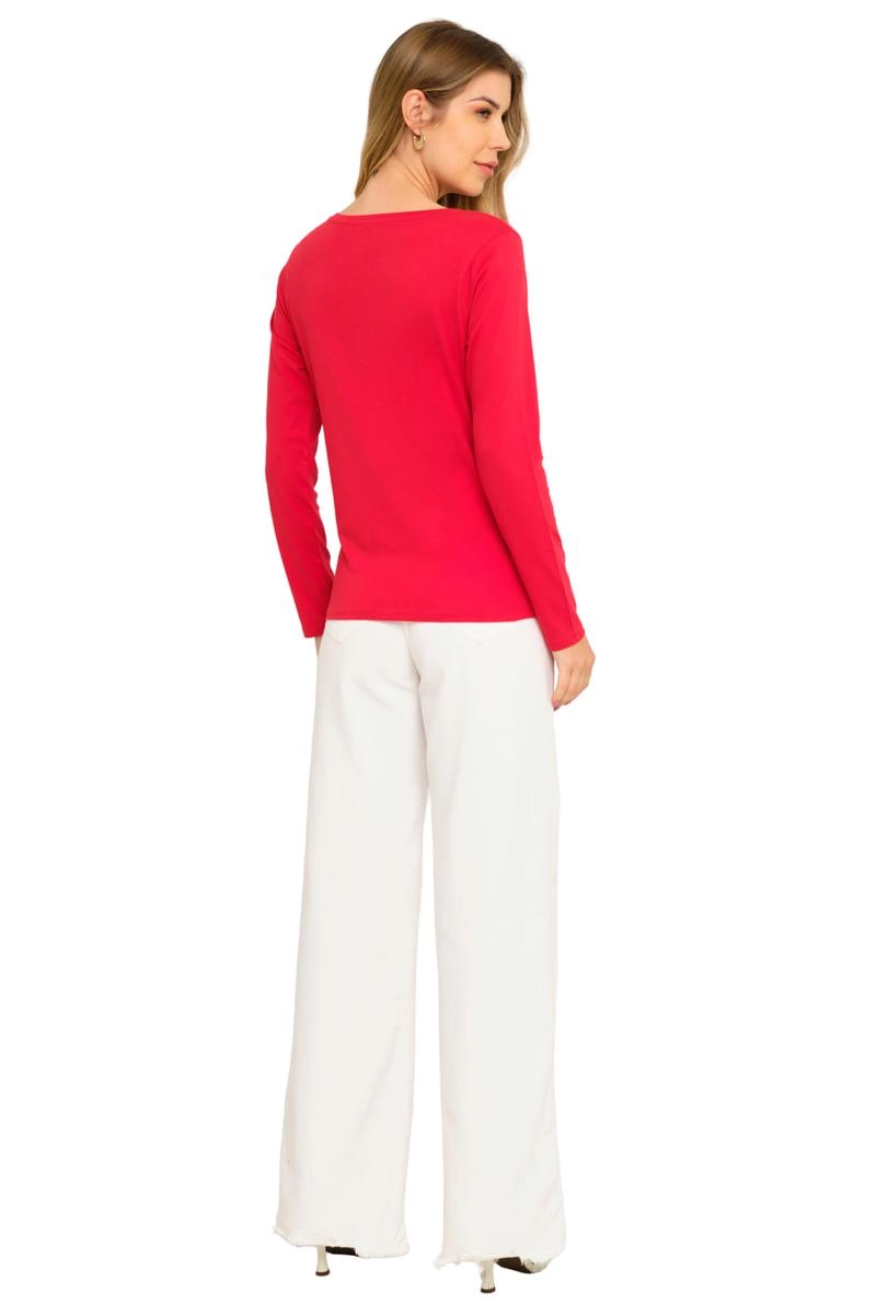 Blusa Aishty Básica Manga Longa Gola V Feminina Vermelha