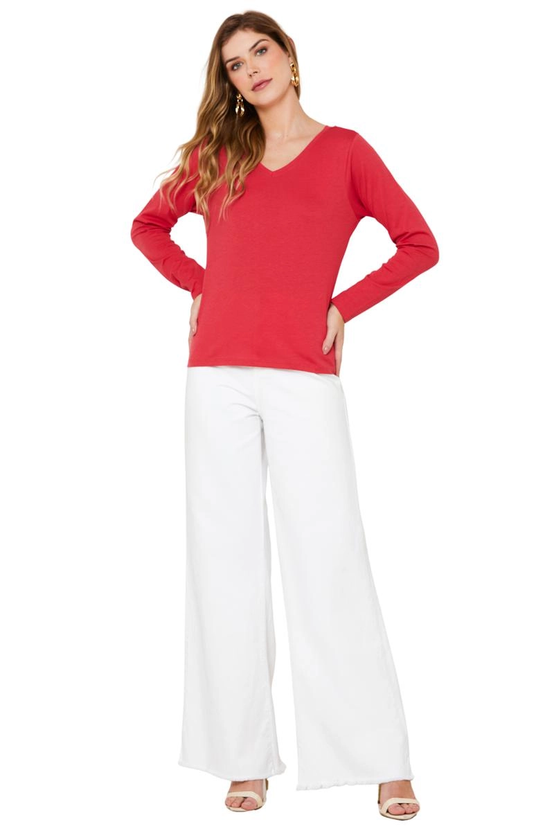  Blusa Aishty Básica Manga Longa Gola V Feminina Vermelho Claro