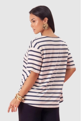Blusa Coqueta Manga Curta Listrada Gola V Feminino Marinho Blusa Coqueta Manga Curta Listrada Gola V Feminino Marinho