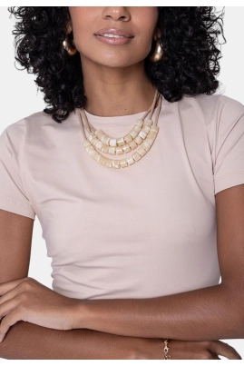 Blusa Coqueta Manga Curta Poliamida Feminina Bege