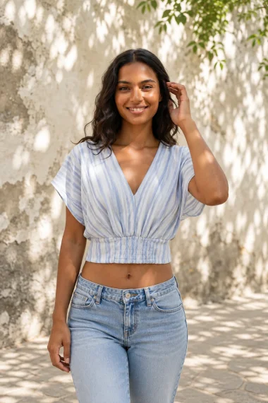 Blusa Cropped Feminina Gabip Listrada Azul Produto - Blusa Cropped Feminina Gabip Listrada Azul