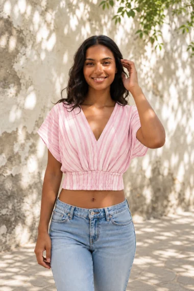 Blusa Cropped Feminina Gabip Listrada Rosa Produto - Blusa Cropped Feminina Gabip Listrada Rosa