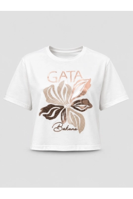 Produto - Blusa Gata Bakana Manga Curta Estampada Feminina Off-white