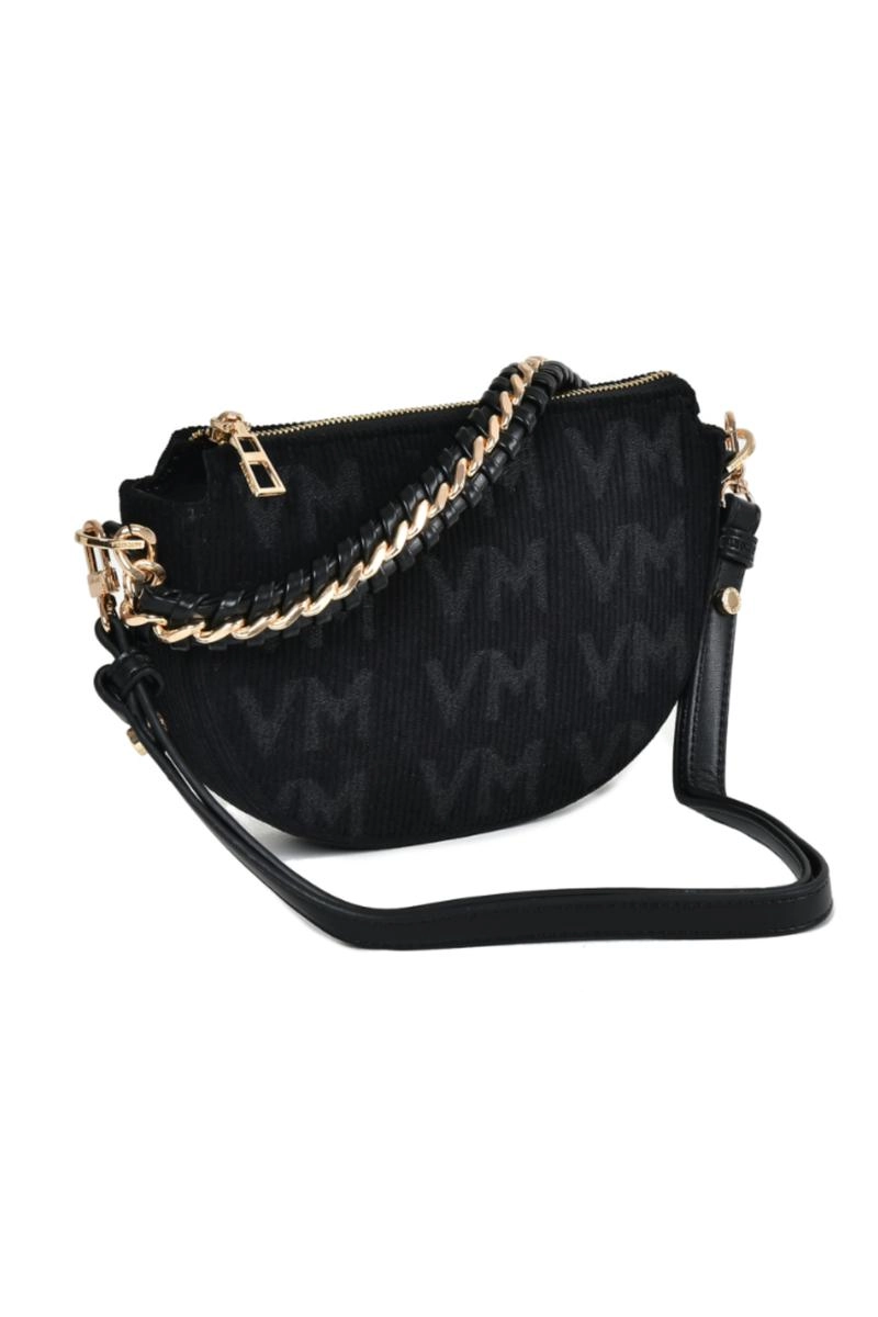 Bolsa Via Marte Veludo Jacquard Ombro Feminina Preta