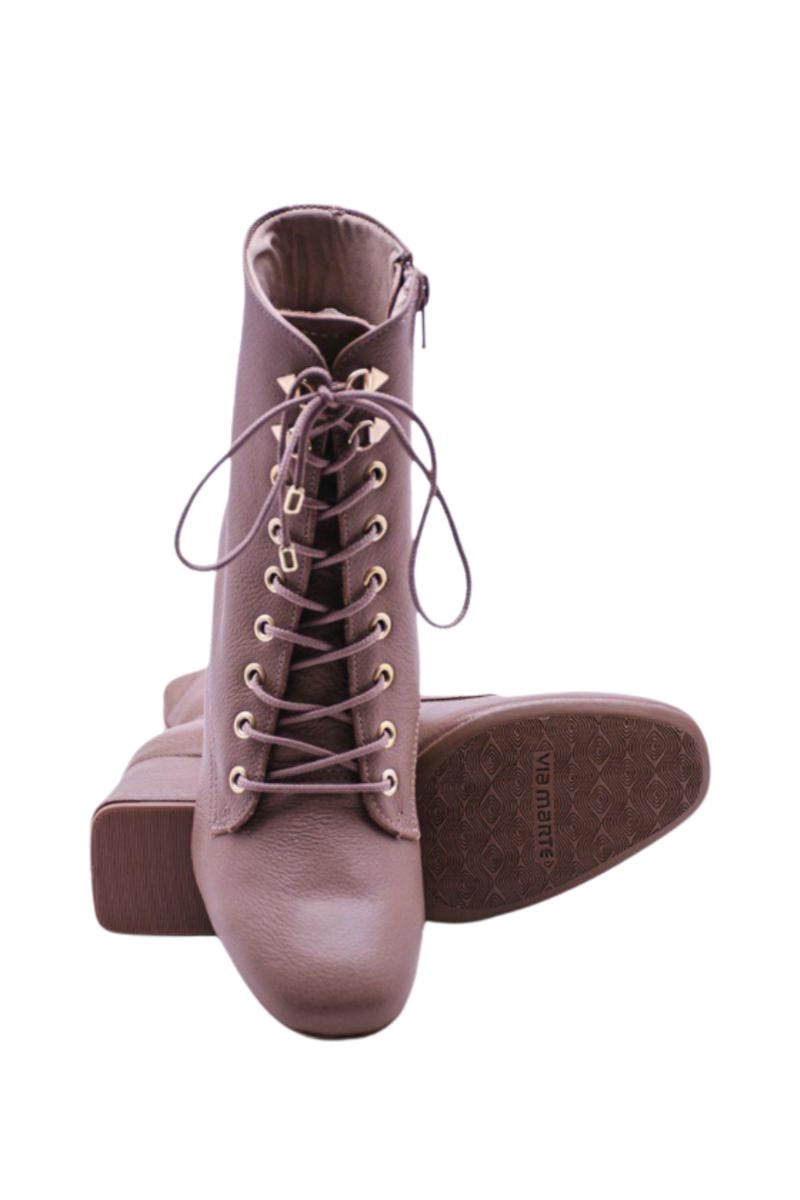 Bota Via Marte Couro Cano Curto Cadarço Feminina Tan Bota Via Marte Couro Cano Curto Cadarço Feminina Tan