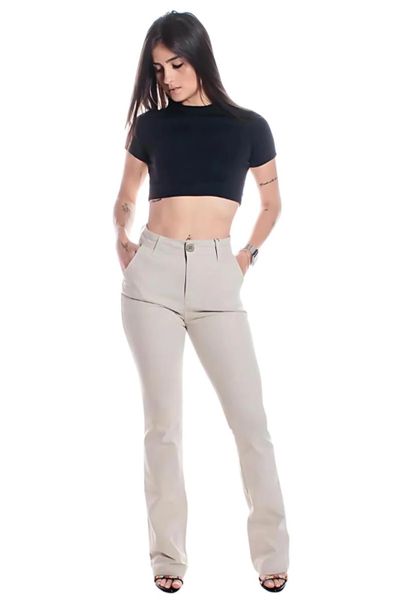 Calça Max Denim Sarja Bolso Faca Feminina Bege Calça Max Denim Sarja Bolso Faca Feminina Bege