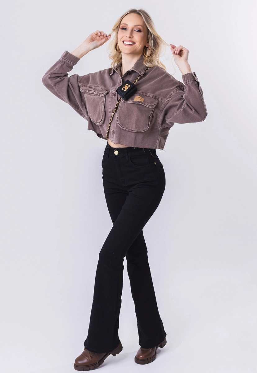 Calça Max Denim Sarja Flare Feminina Preta