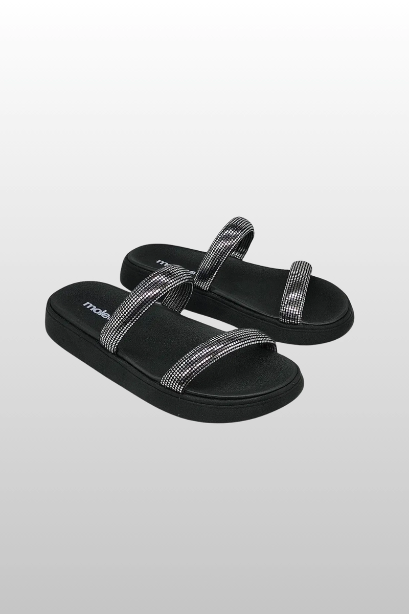Chinelo Papete Flat Form Feminino Preto e Prata Chinelo Papete Flat Form Feminino Preto e Prata