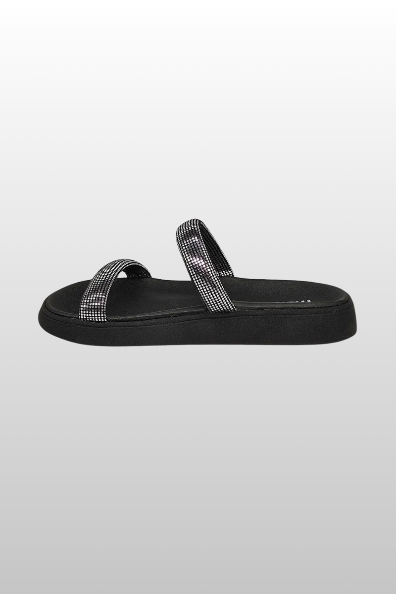 Chinelo Papete Flat Form Feminino Preto e Prata Chinelo Papete Flat Form Feminino Preto e Prata