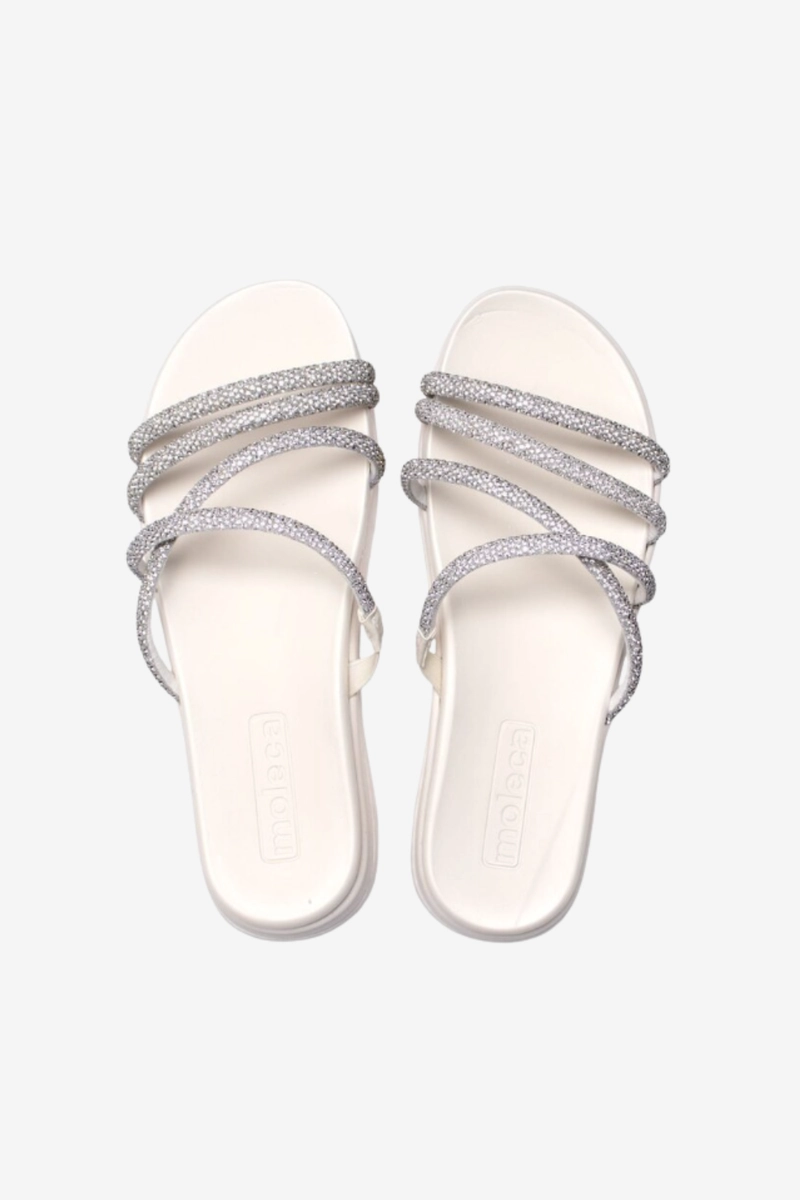 Chinelo Moleca Flat Strass Feminino Branco Off