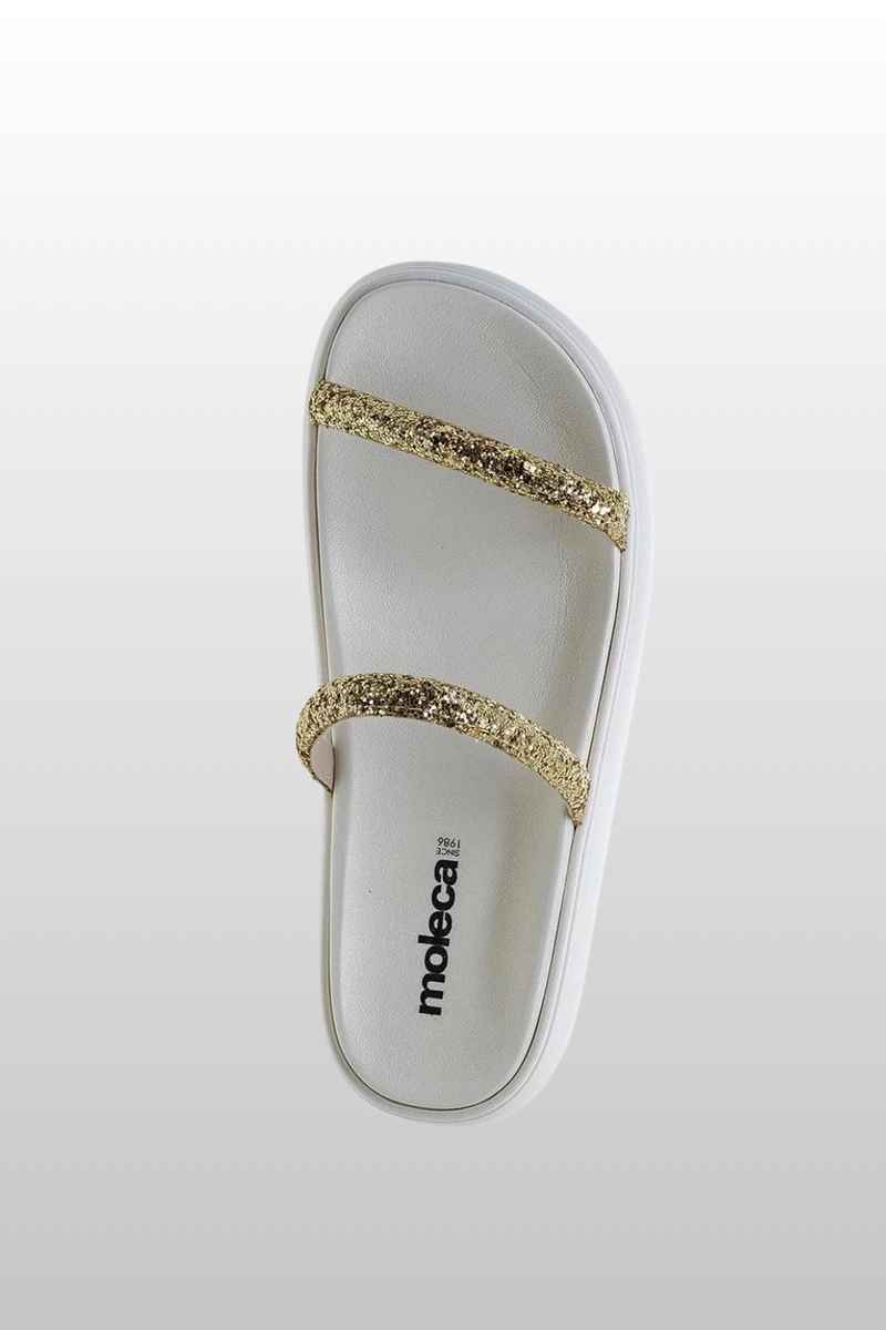 Chinelo Moleca Papete Flat Feminino Branco Off e Dourado