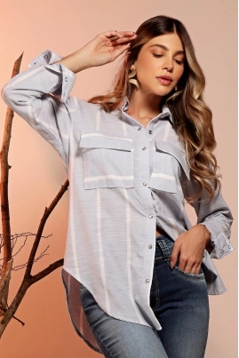 Produto - Camisa Alvo Da Moda Manga Longa Listrada Alongada Feminino 