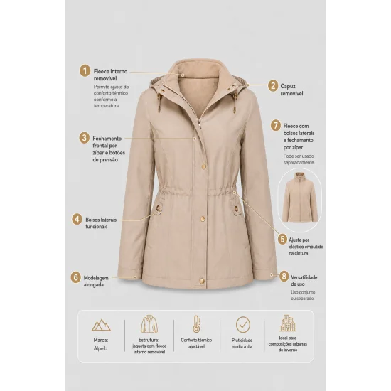Jaqueta Alpelo Parka Com Fleece Destacável Feminina Bege Macadâmia