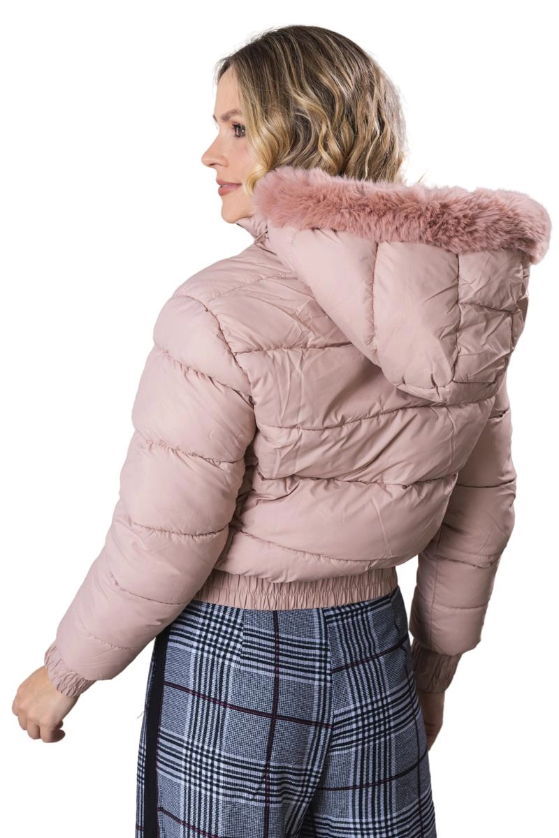 Jaqueta Crocker Nylon Puffer Capuz Pelinhos Feminina Nude