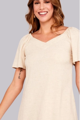 Vestido Aishty Midi Manga Curta Feminino Creme Vestido Aishty Midi Manga Curta Feminino Creme